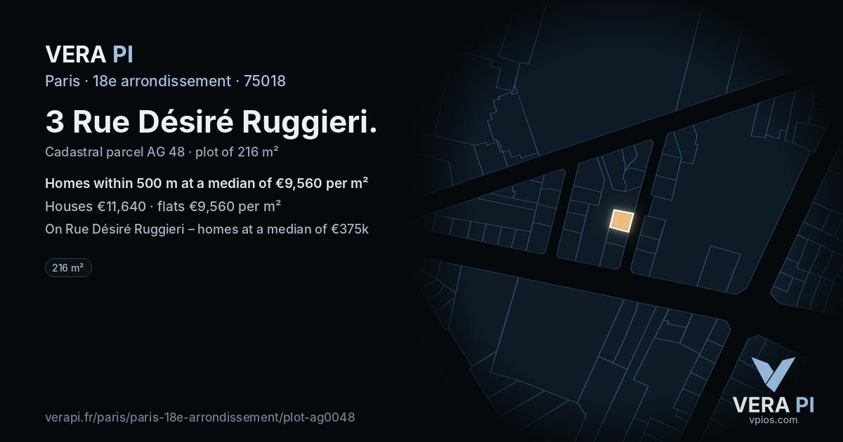3 Rue Désiré Ruggieri, 18e arrondissement at night – the plot lit, the parcels around coloured by the prices near them