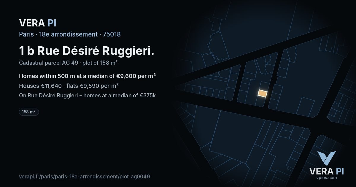 1 b Rue Désiré Ruggieri, 18e arrondissement at night – the plot lit, the parcels around coloured by the prices near them