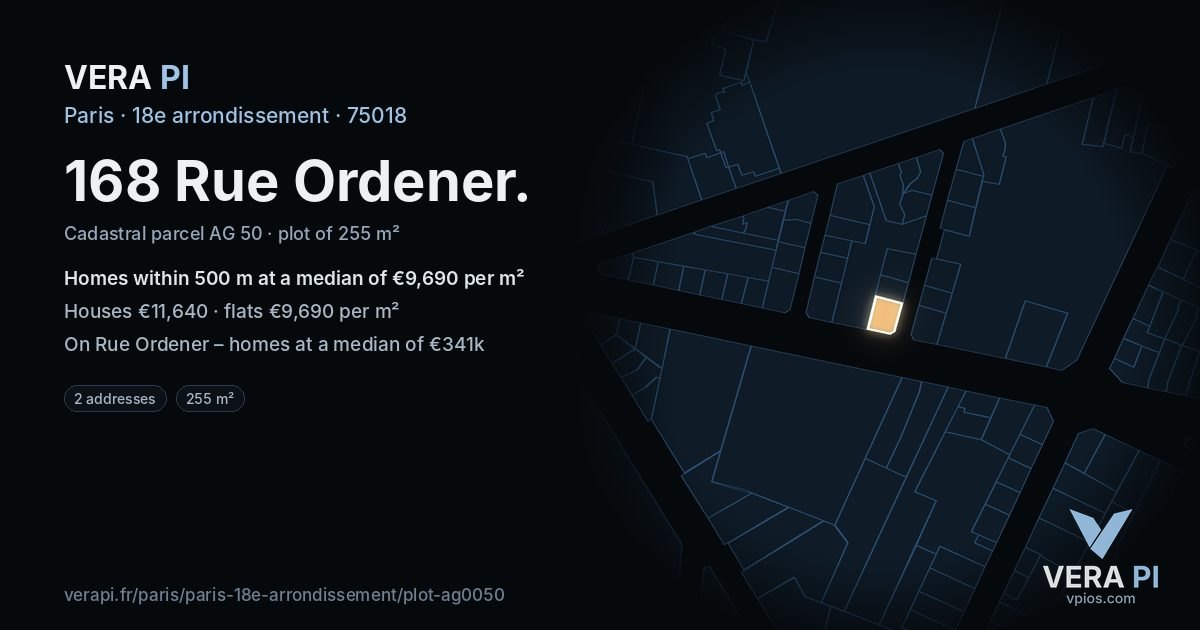 168 Rue Ordener, 18e arrondissement at night – the plot lit, the parcels around coloured by the prices near them