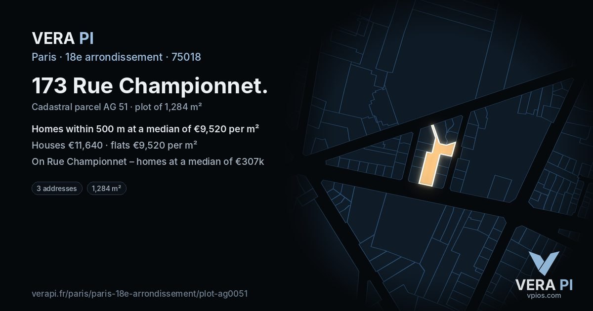 173 Rue Championnet, 18e arrondissement at night – the plot lit, the parcels around coloured by the prices near them