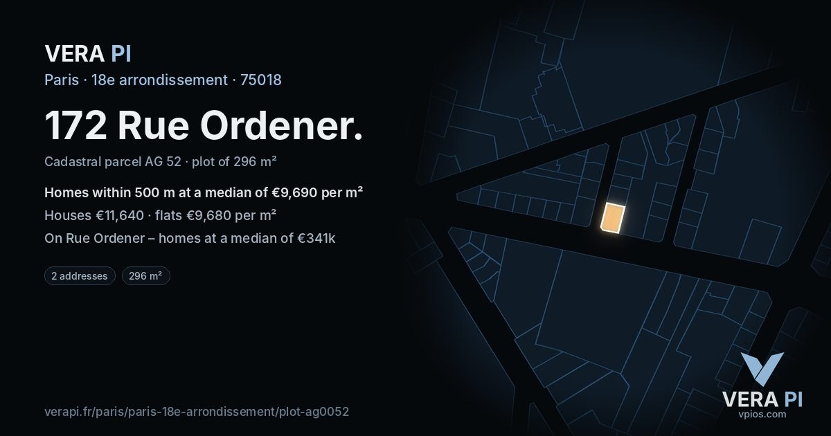 172 Rue Ordener, 18e arrondissement at night – the plot lit, the parcels around coloured by the prices near them