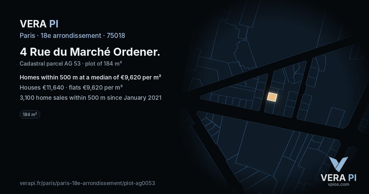 4 Rue du Marché Ordener, 18e arrondissement at night – the plot lit, the parcels around coloured by the prices near them