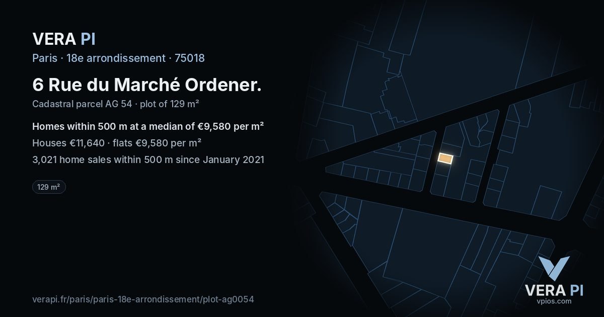 6 Rue du Marché Ordener, 18e arrondissement at night – the plot lit, the parcels around coloured by the prices near them