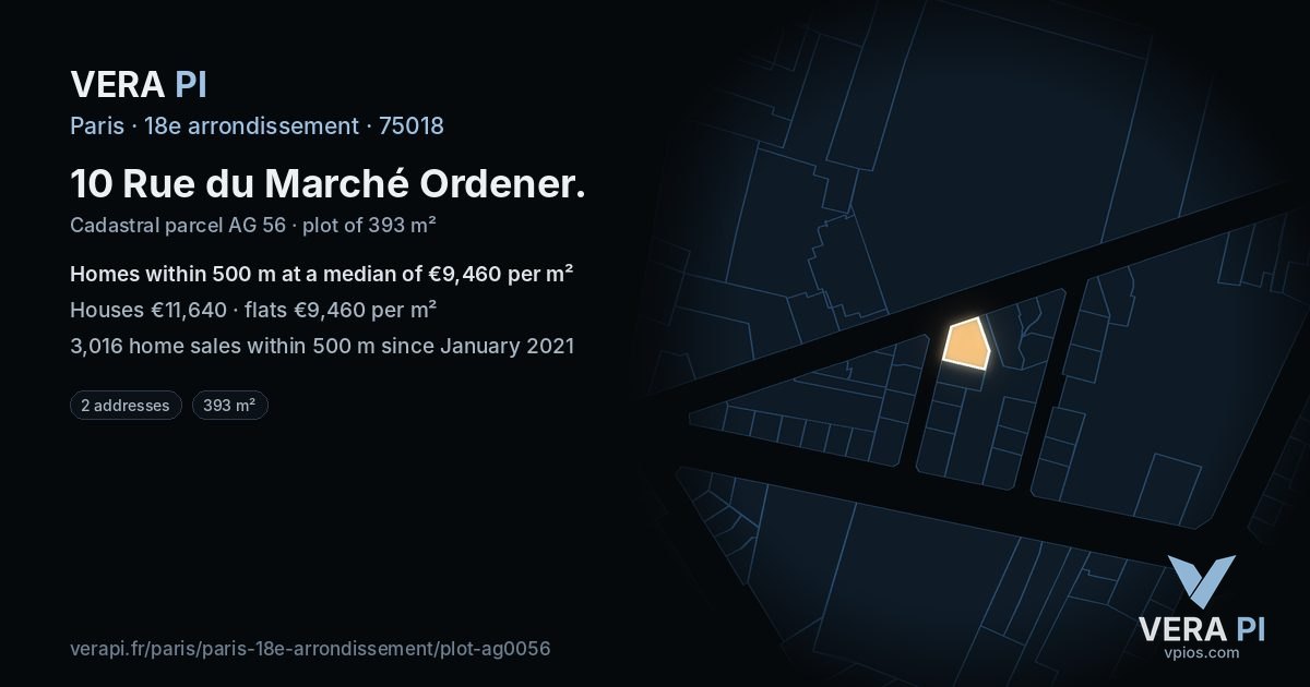 10 Rue du Marché Ordener, 18e arrondissement at night – the plot lit, the parcels around coloured by the prices near them
