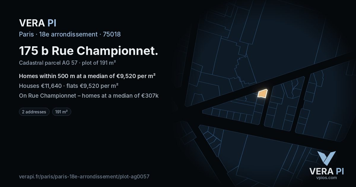 175 b Rue Championnet, 18e arrondissement at night – the plot lit, the parcels around coloured by the prices near them