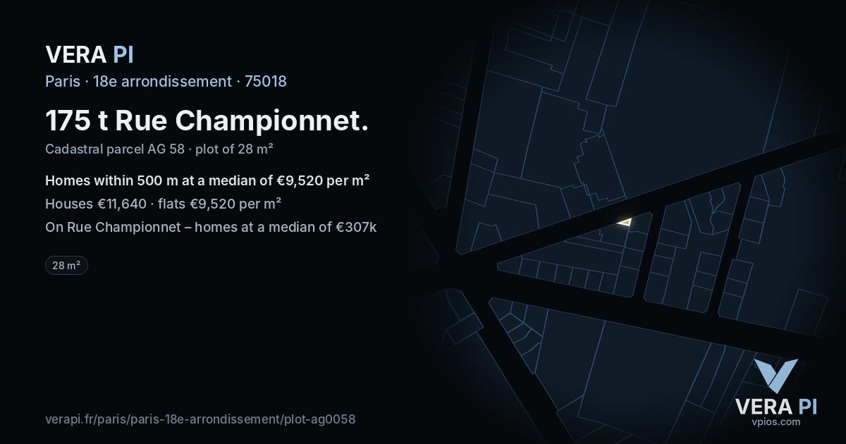175 t Rue Championnet, 18e arrondissement at night – the plot lit, the parcels around coloured by the prices near them