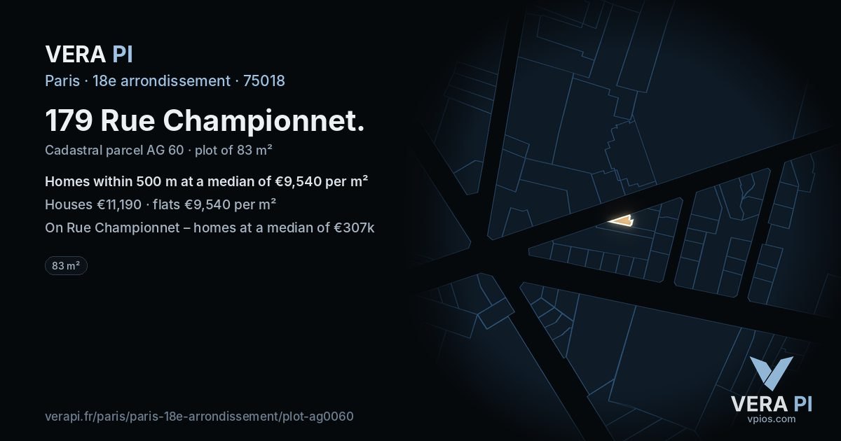 179 Rue Championnet, 18e arrondissement at night – the plot lit, the parcels around coloured by the prices near them