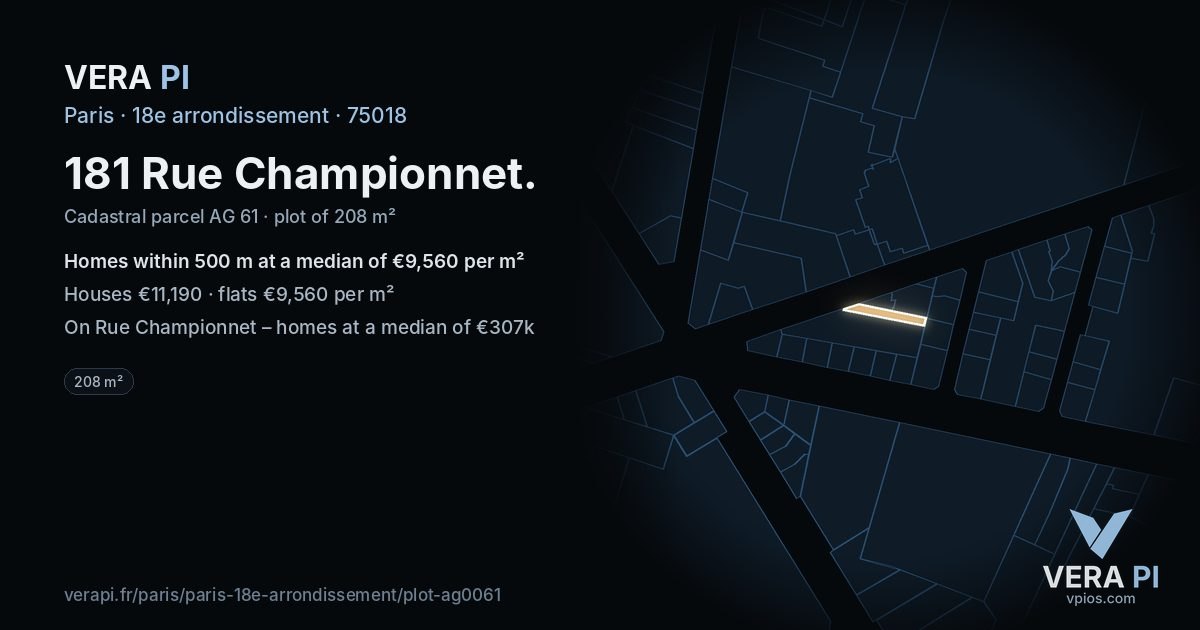 181 Rue Championnet, 18e arrondissement at night – the plot lit, the parcels around coloured by the prices near them