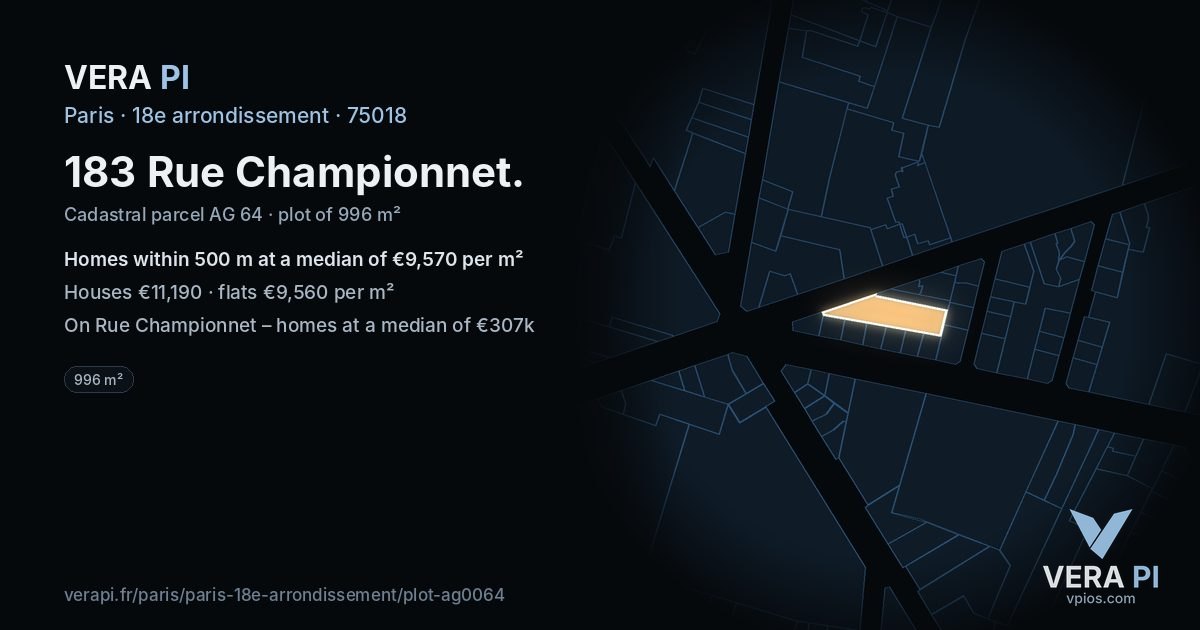 183 Rue Championnet, 18e arrondissement at night – the plot lit, the parcels around coloured by the prices near them