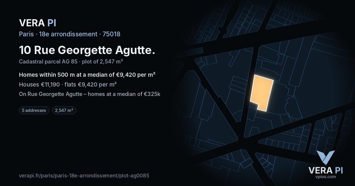 10 Rue Georgette Agutte, 18e arrondissement at night – the plot lit, the parcels around coloured by the prices near them