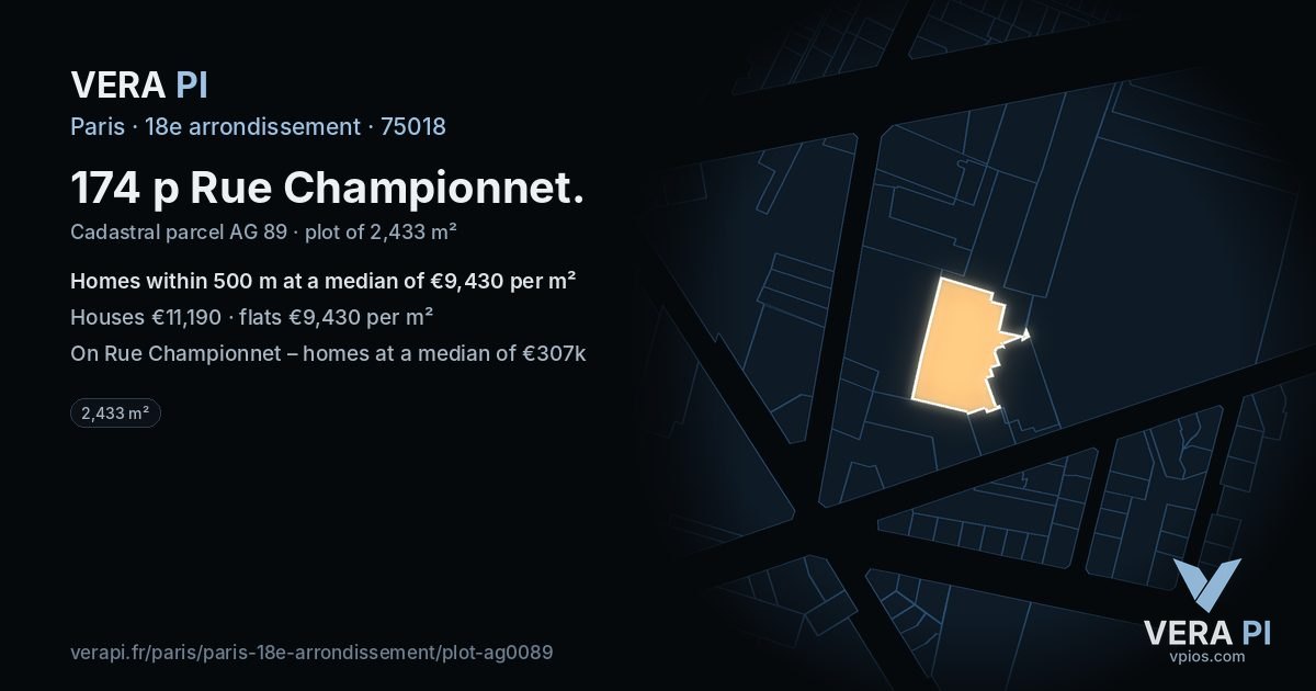 174 p Rue Championnet, 18e arrondissement at night – the plot lit, the parcels around coloured by the prices near them