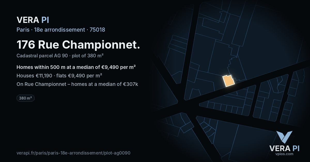 176 Rue Championnet, 18e arrondissement at night – the plot lit, the parcels around coloured by the prices near them
