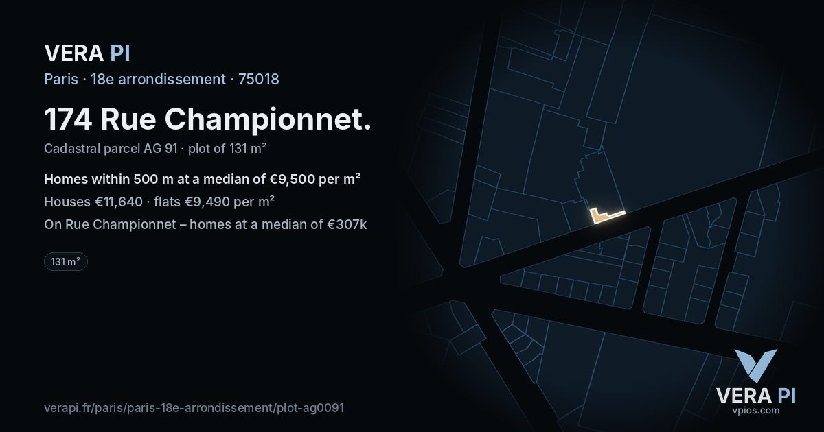 174 Rue Championnet, 18e arrondissement at night – the plot lit, the parcels around coloured by the prices near them