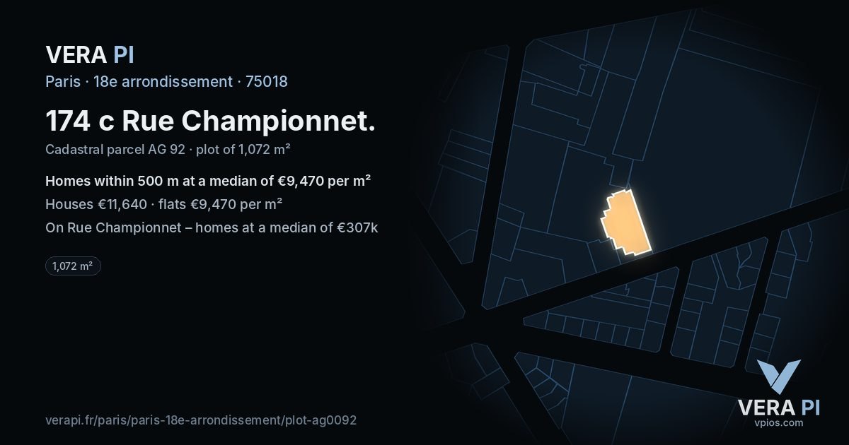 174 c Rue Championnet, 18e arrondissement at night – the plot lit, the parcels around coloured by the prices near them