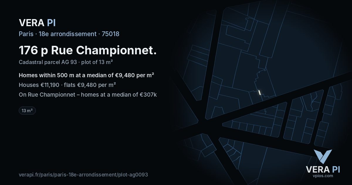 176 p Rue Championnet, 18e arrondissement at night – the plot lit, the parcels around coloured by the prices near them