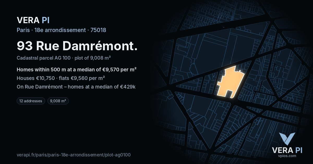 93 Rue Damrémont, 18e arrondissement at night – the plot lit, the parcels around coloured by the prices near them