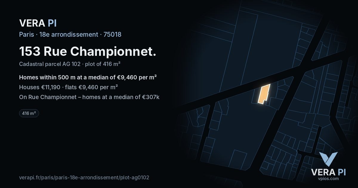 153 Rue Championnet, 18e arrondissement at night – the plot lit, the parcels around coloured by the prices near them