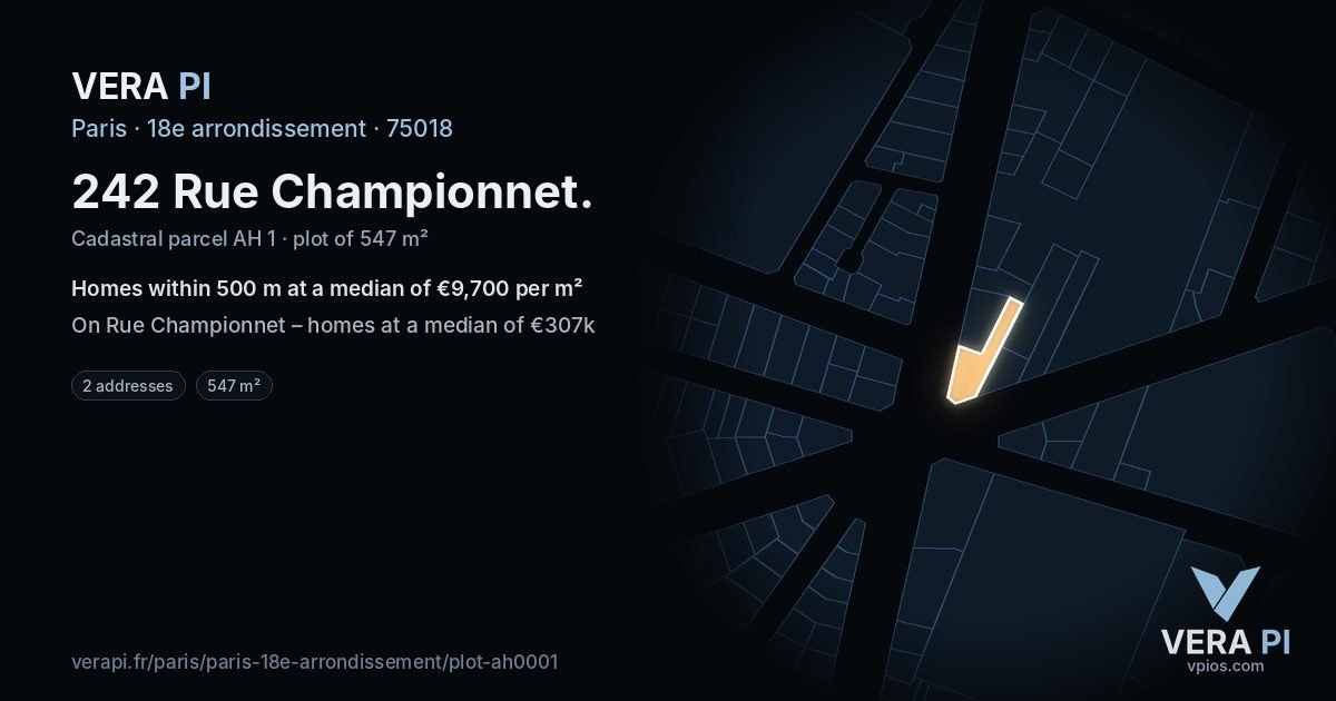 242 Rue Championnet, 18e arrondissement at night – the plot lit, the parcels around coloured by the prices near them