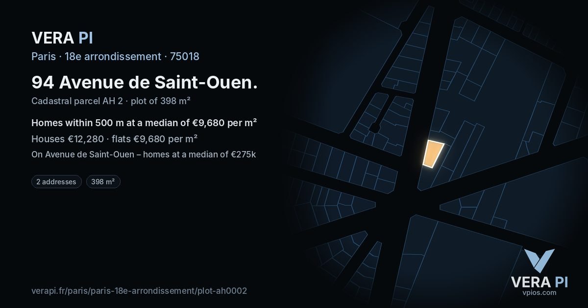 94 Avenue de Saint-Ouen, 18e arrondissement at night – the plot lit, the parcels around coloured by the prices near them