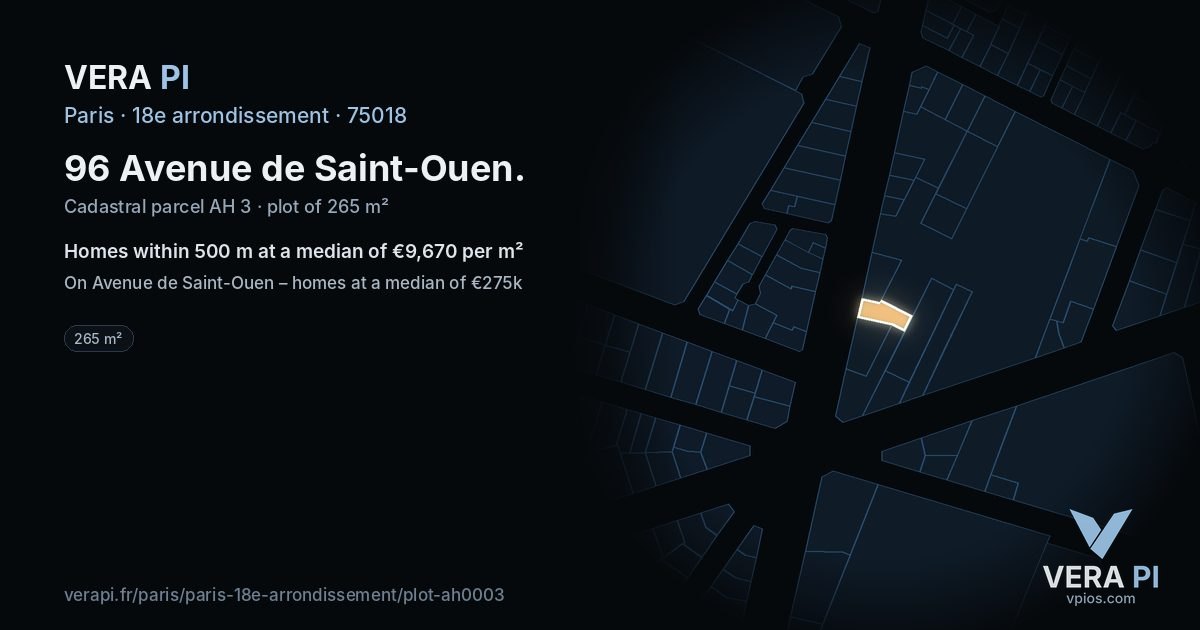 96 Avenue de Saint-Ouen, 18e arrondissement at night – the plot lit, the parcels around coloured by the prices near them