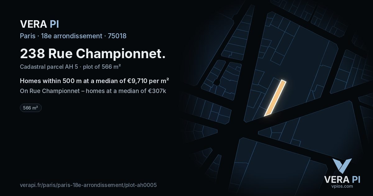 238 Rue Championnet, 18e arrondissement at night – the plot lit, the parcels around coloured by the prices near them