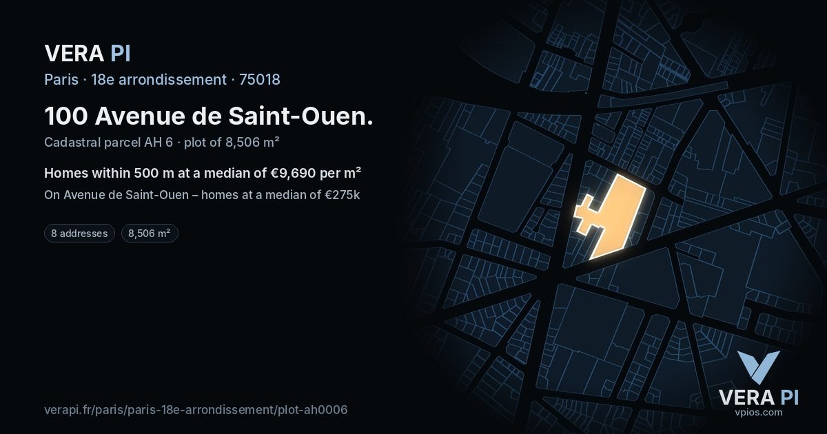 100 Avenue de Saint-Ouen, 18e arrondissement at night – the plot lit, the parcels around coloured by the prices near them