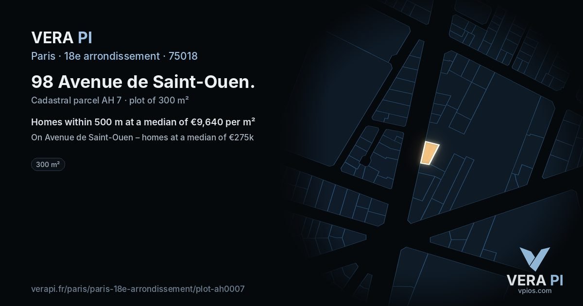 98 Avenue de Saint-Ouen, 18e arrondissement at night – the plot lit, the parcels around coloured by the prices near them