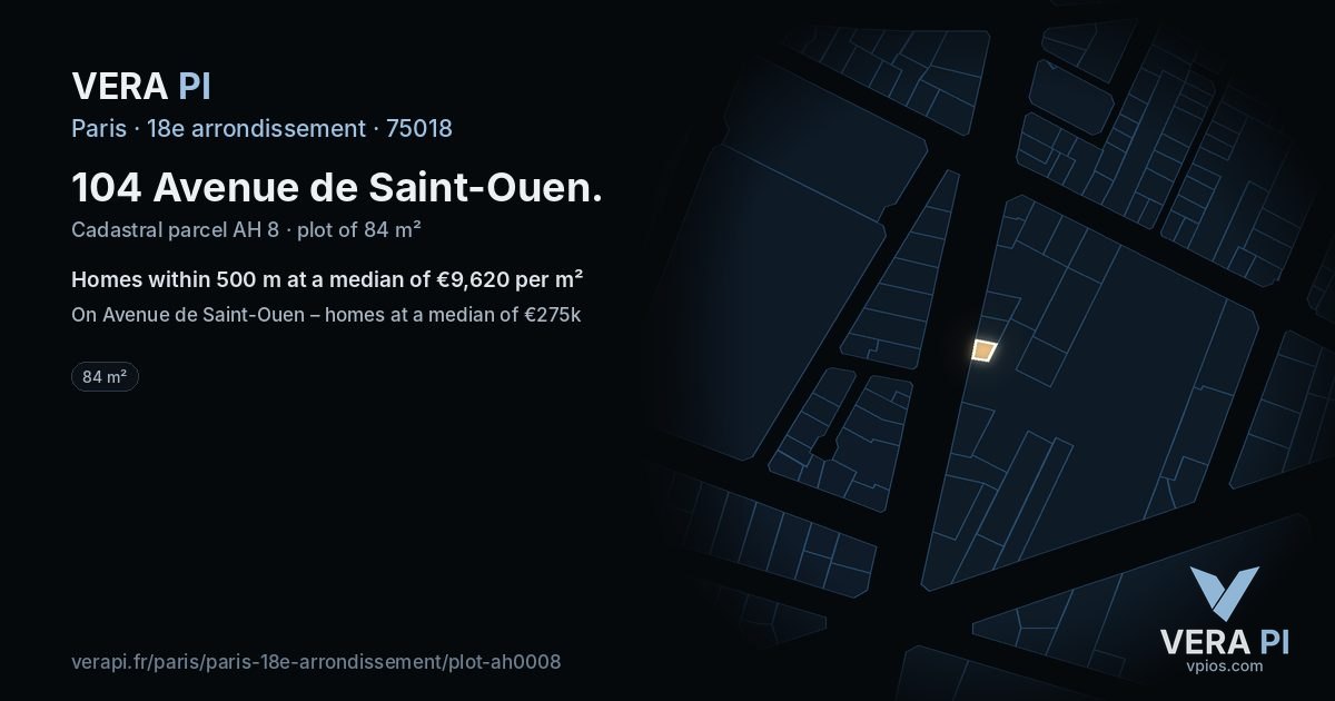 104 Avenue de Saint-Ouen, 18e arrondissement at night – the plot lit, the parcels around coloured by the prices near them