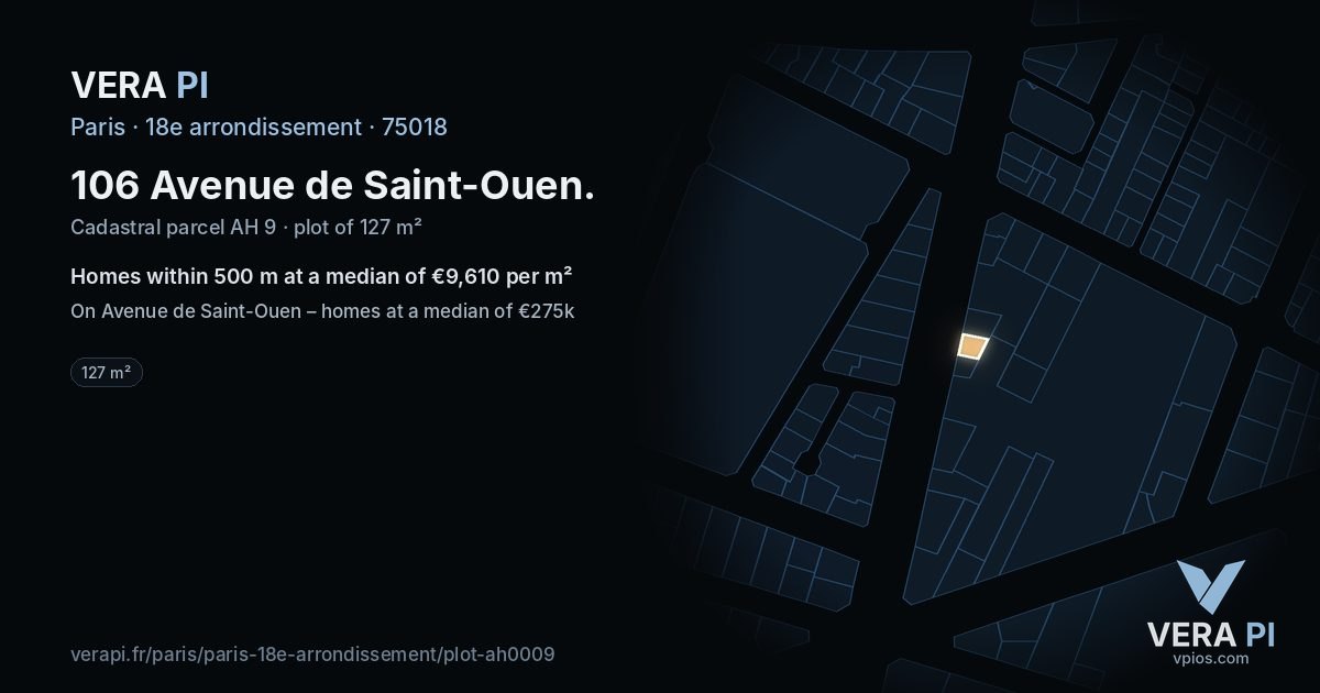 106 Avenue de Saint-Ouen, 18e arrondissement at night – the plot lit, the parcels around coloured by the prices near them