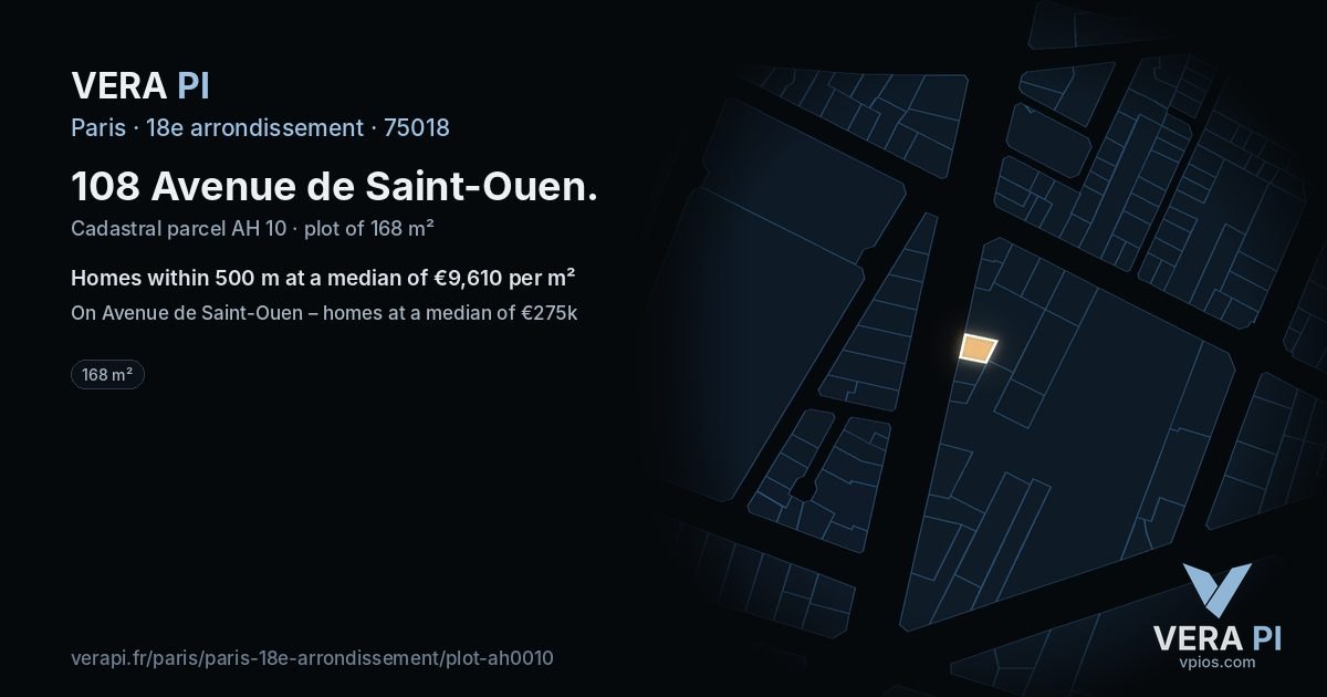 108 Avenue de Saint-Ouen, 18e arrondissement at night – the plot lit, the parcels around coloured by the prices near them