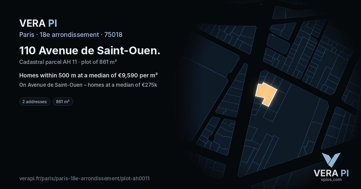 110 Avenue de Saint-Ouen, 18e arrondissement at night – the plot lit, the parcels around coloured by the prices near them
