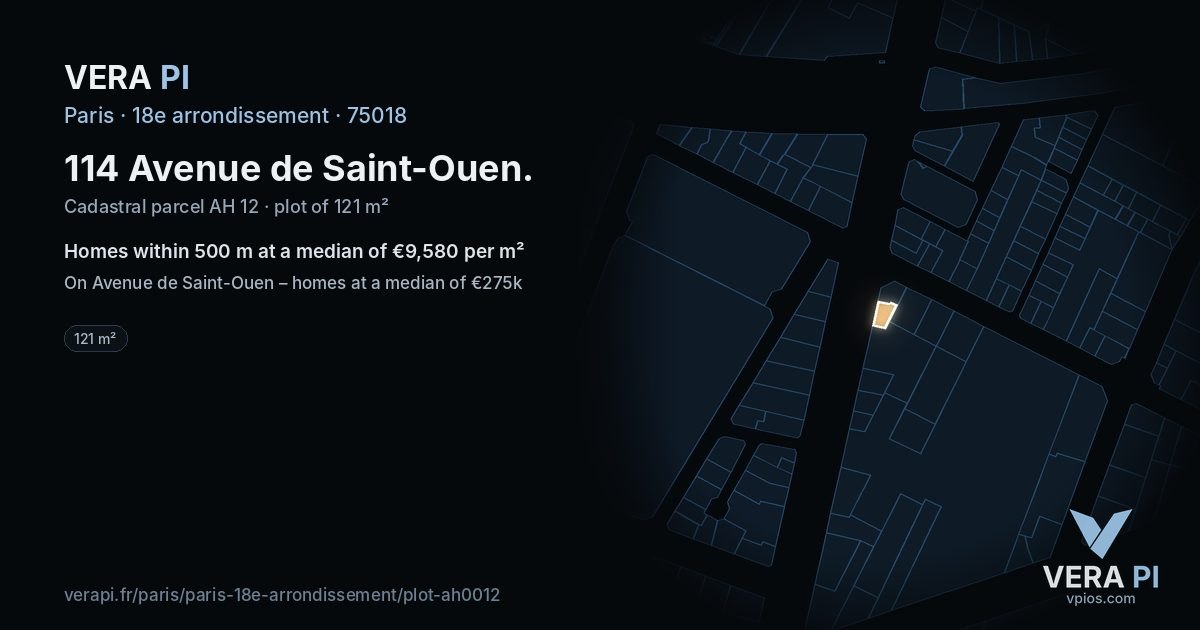 114 Avenue de Saint-Ouen, 18e arrondissement at night – the plot lit, the parcels around coloured by the prices near them