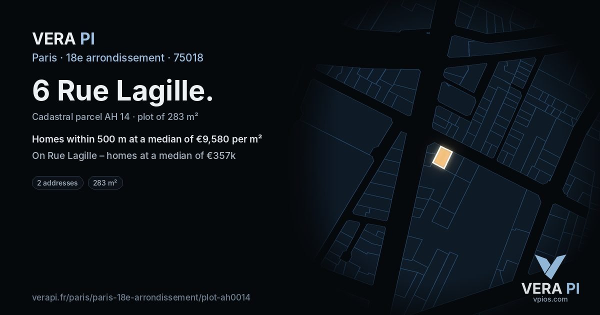 6 Rue Lagille, 18e arrondissement at night – the plot lit, the parcels around coloured by the prices near them