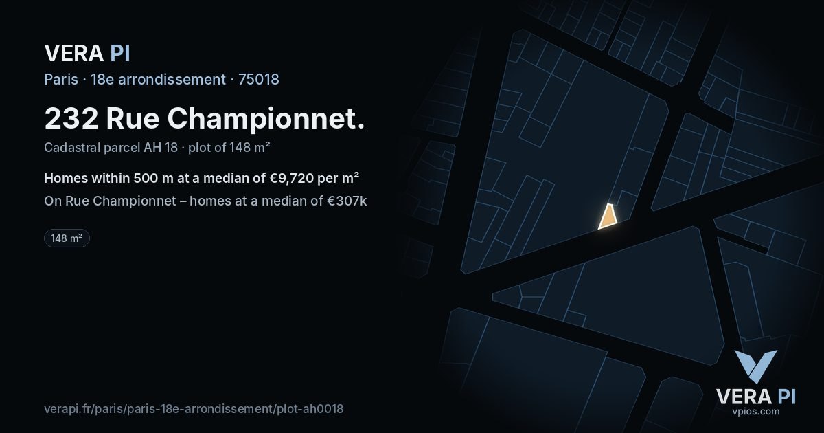 232 Rue Championnet, 18e arrondissement at night – the plot lit, the parcels around coloured by the prices near them