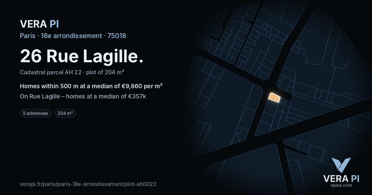 26 Rue Lagille, 18e arrondissement at night – the plot lit, the parcels around coloured by the prices near them