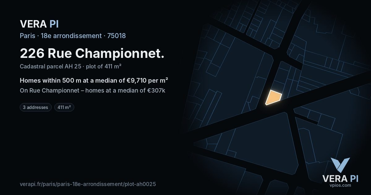 226 Rue Championnet, 18e arrondissement at night – the plot lit, the parcels around coloured by the prices near them