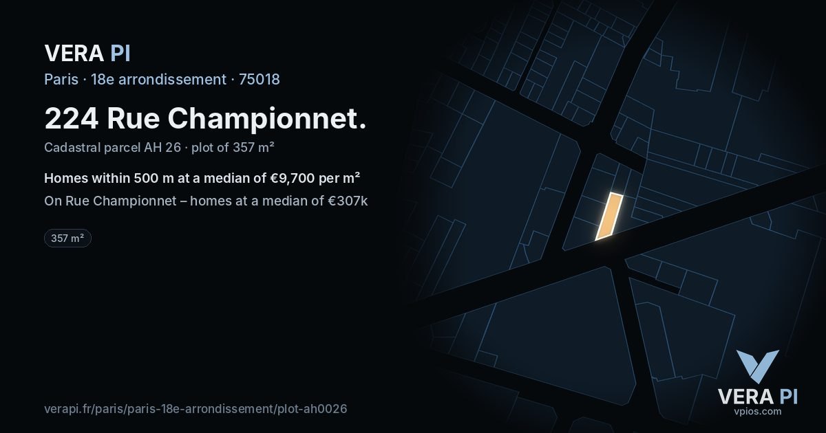 224 Rue Championnet, 18e arrondissement at night – the plot lit, the parcels around coloured by the prices near them