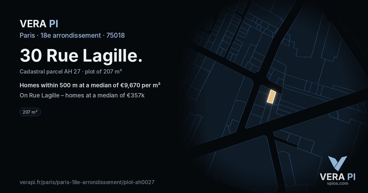 30 Rue Lagille, 18e arrondissement at night – the plot lit, the parcels around coloured by the prices near them