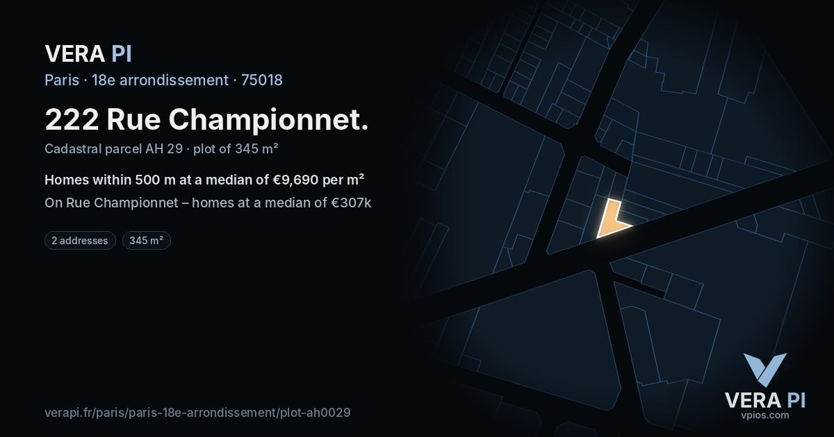 222 Rue Championnet, 18e arrondissement at night – the plot lit, the parcels around coloured by the prices near them