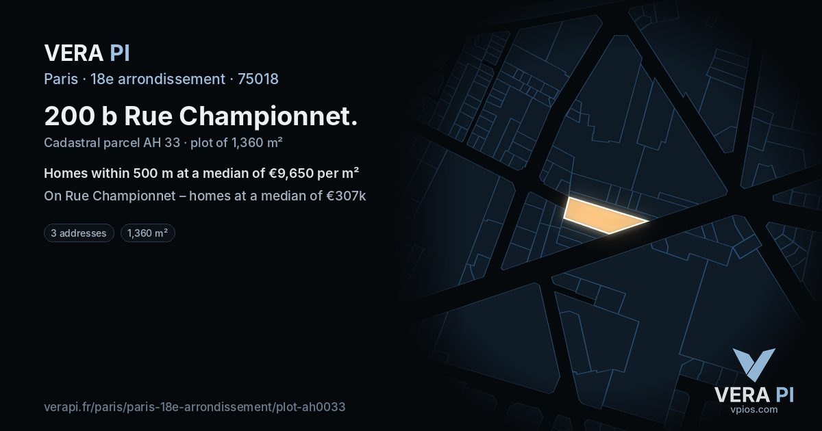 200 b Rue Championnet, 18e arrondissement at night – the plot lit, the parcels around coloured by the prices near them