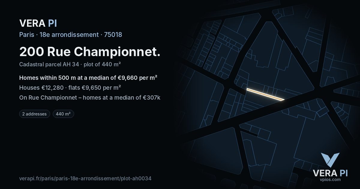 200 Rue Championnet, 18e arrondissement at night – the plot lit, the parcels around coloured by the prices near them