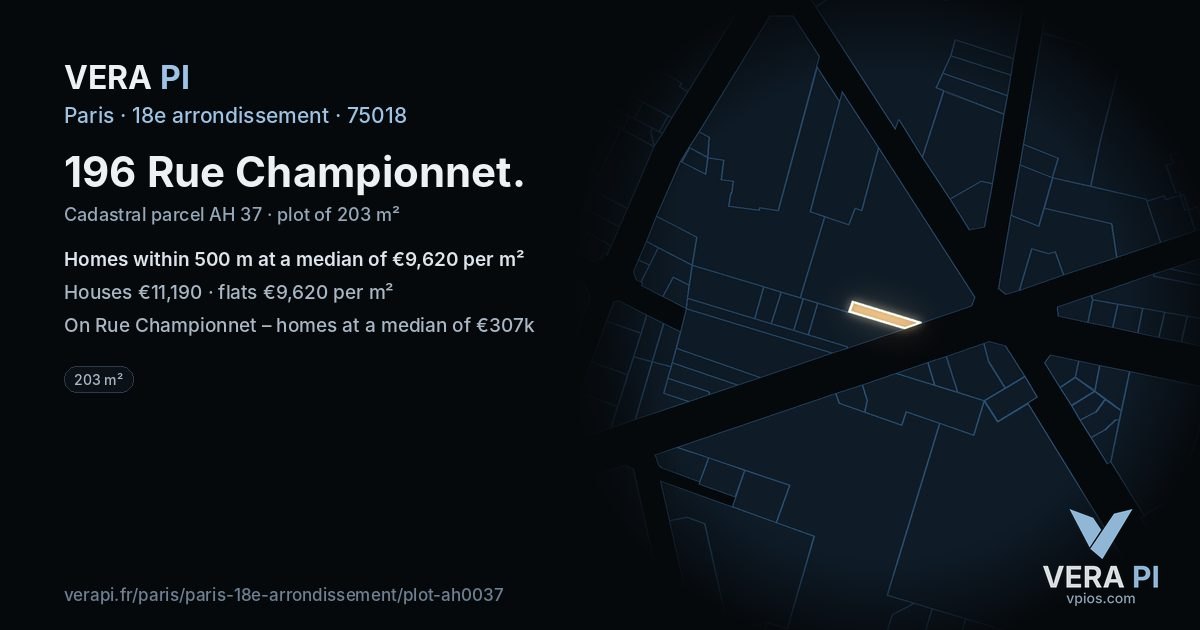 196 Rue Championnet, 18e arrondissement at night – the plot lit, the parcels around coloured by the prices near them