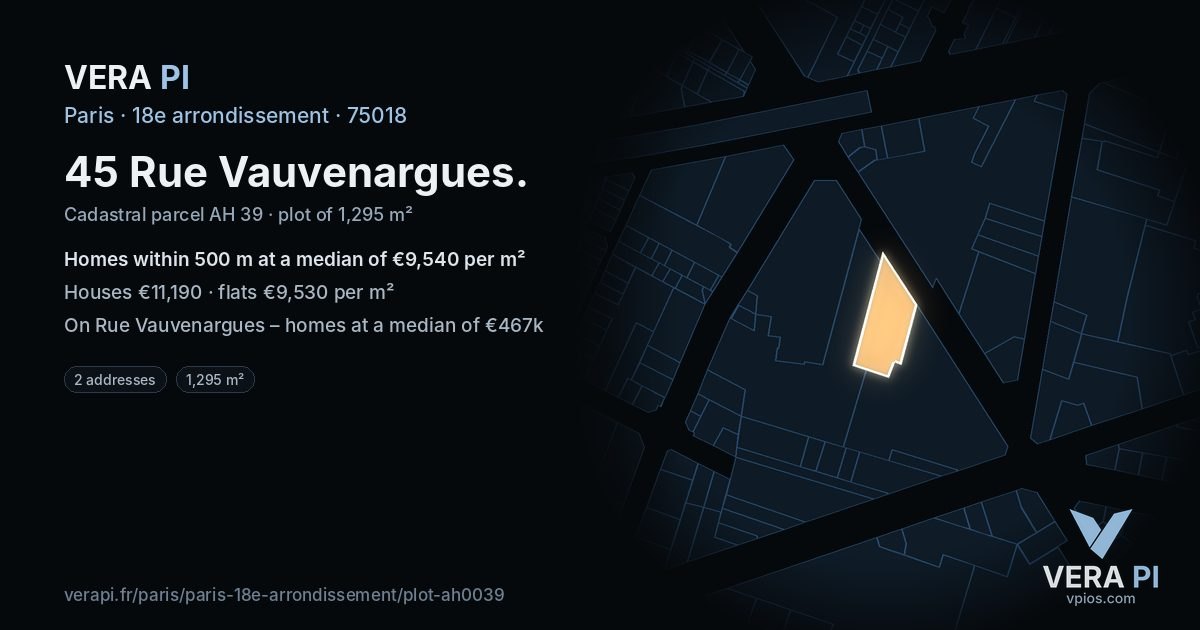 45 Rue Vauvenargues, 18e arrondissement at night – the plot lit, the parcels around coloured by the prices near them
