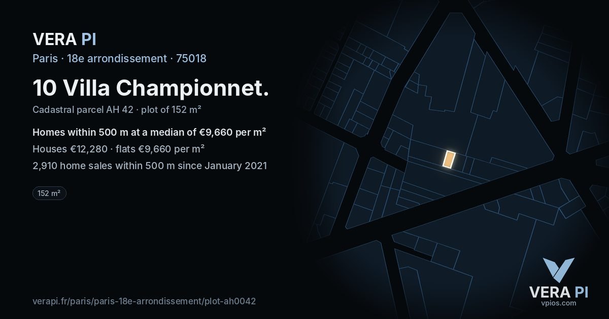 10 Villa Championnet, 18e arrondissement at night – the plot lit, the parcels around coloured by the prices near them