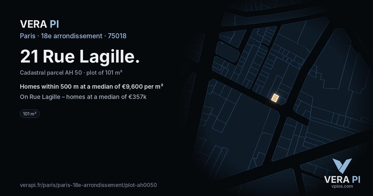 21 Rue Lagille, 18e arrondissement at night – the plot lit, the parcels around coloured by the prices near them