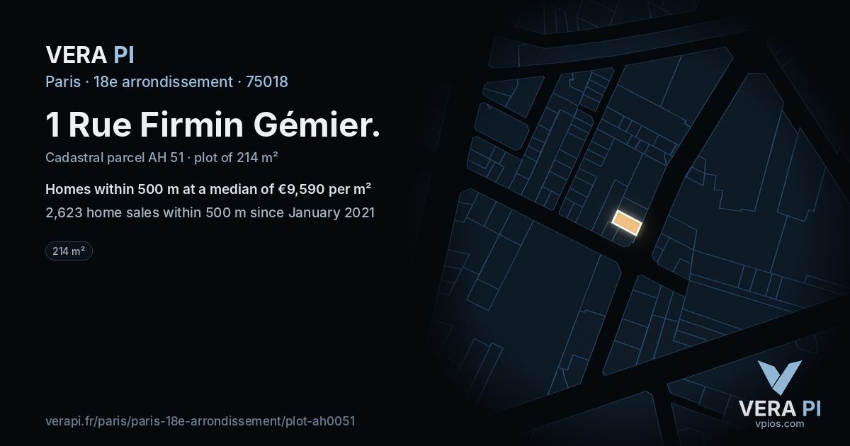 1 Rue Firmin Gémier, 18e arrondissement at night – the plot lit, the parcels around coloured by the prices near them