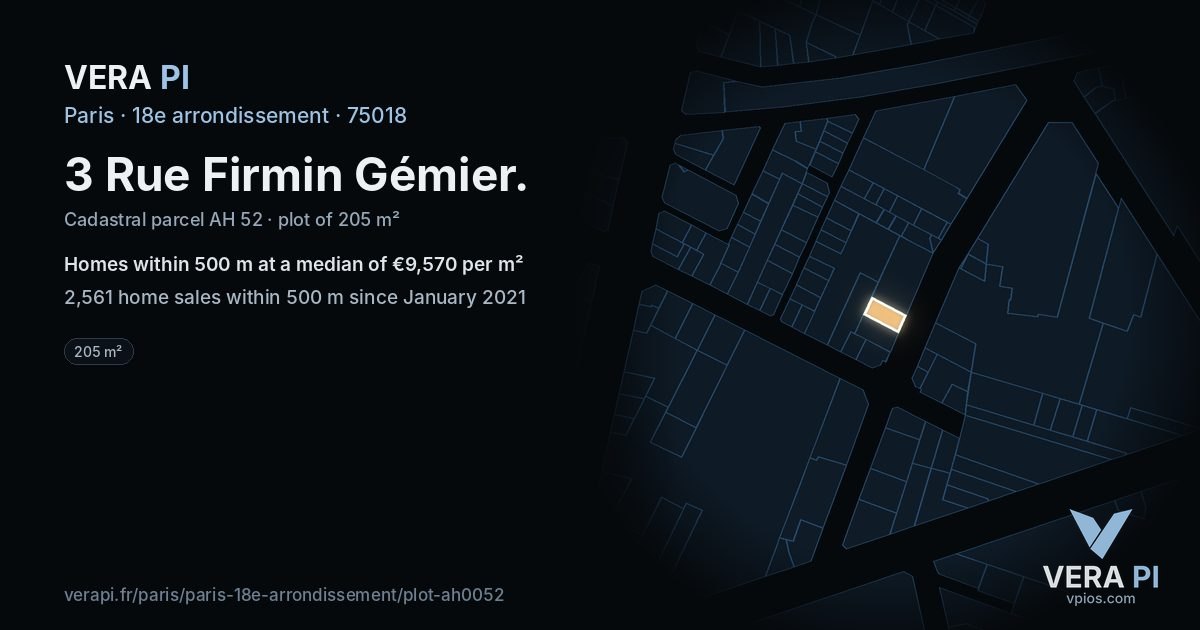 3 Rue Firmin Gémier, 18e arrondissement at night – the plot lit, the parcels around coloured by the prices near them