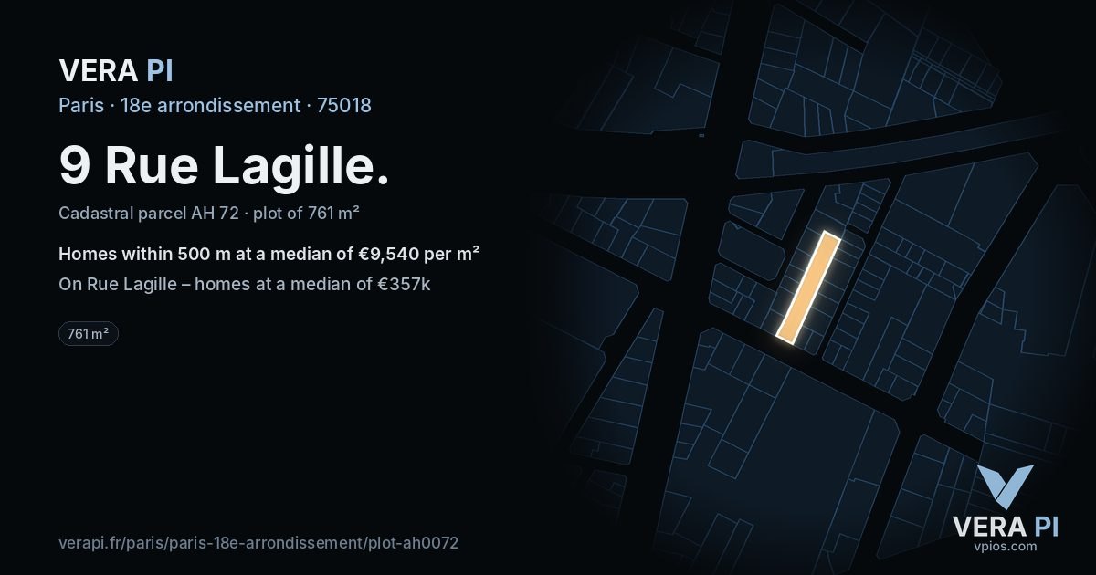 9 Rue Lagille, 18e arrondissement at night – the plot lit, the parcels around coloured by the prices near them