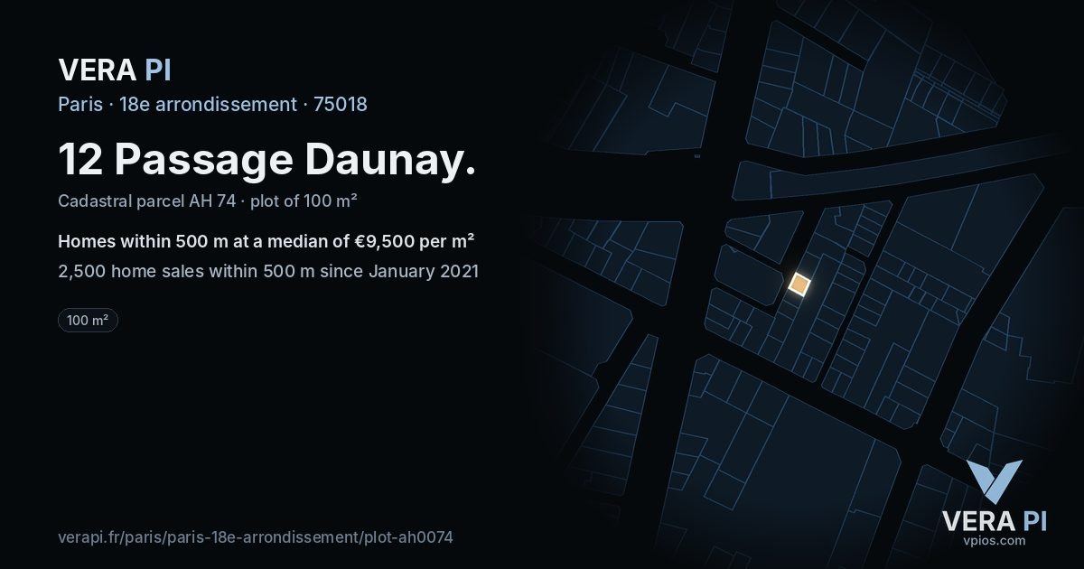 12 Passage Daunay, 18e arrondissement at night – the plot lit, the parcels around coloured by the prices near them