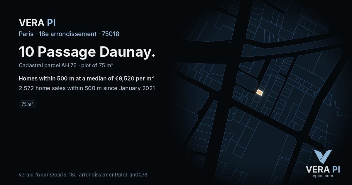 10 Passage Daunay, 18e arrondissement at night – the plot lit, the parcels around coloured by the prices near them